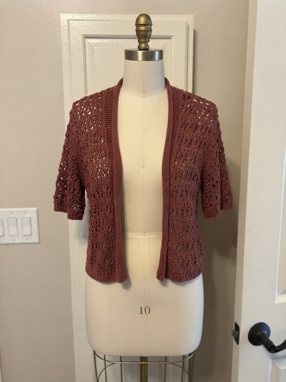 Coldwater Creek Open-Front Crochet Short-Sleeve Cardigan in Dusty Rose